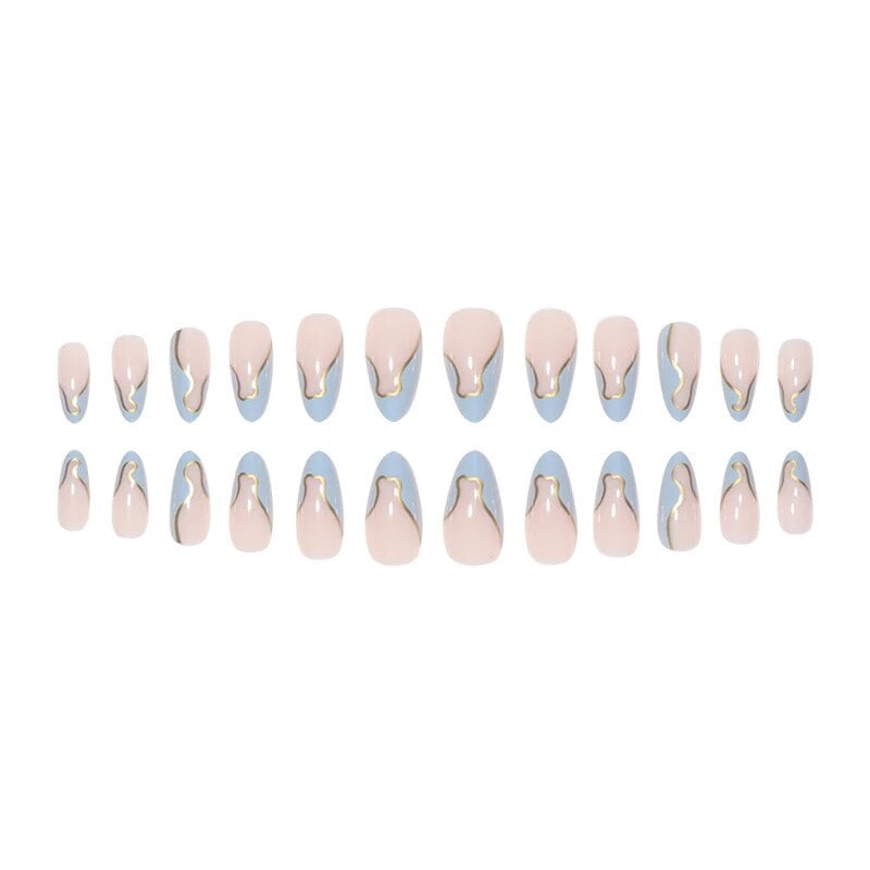 24 Pieces Long Almond Irregular French style Pattern ABS Full Cover Glossy False Nails