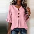 thumbnail image 4 of Cilsoka 3/4 Length Ruffle Sleeve Womens Tops Cotton Linen V Neck Button T Shirts Summer Beach Casual Boho Three Quarter Sleeve Tops, 4 of 6