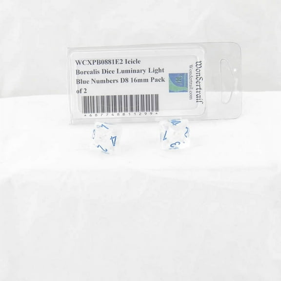Icicle Borealis Dice Luminary with Light Blue Numbers D8 Aprox 16mm (5/8in) Pack of 2 Wondertrail