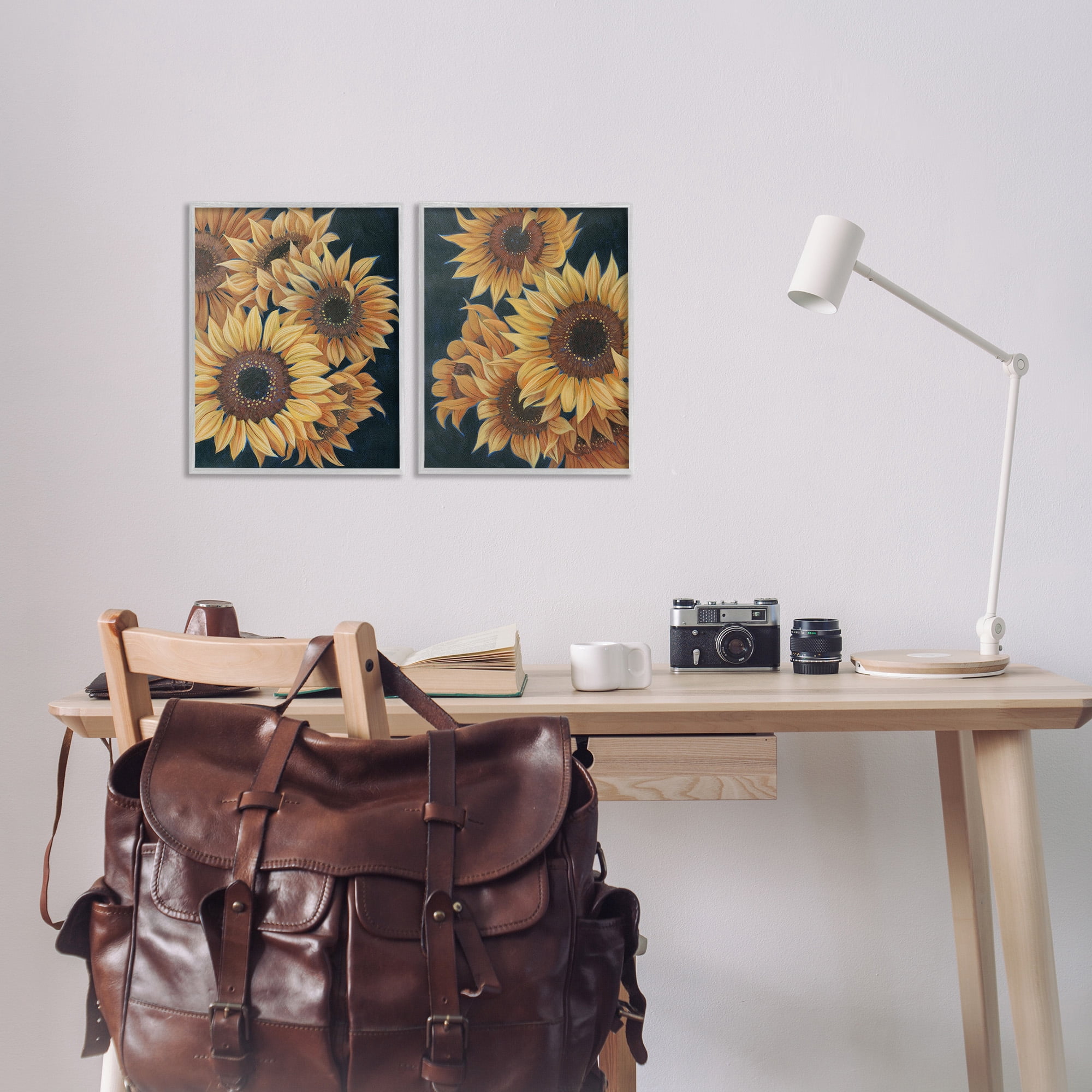 Stupell Industries Sunflowers on Black Botanical & Floral Painting Gray Framed Art Print Wall Art, 11 x 14, Set of 2