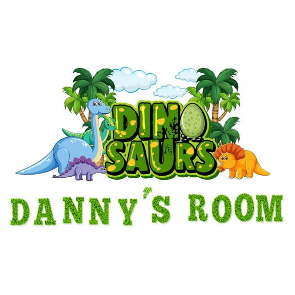 Custom Name Cute Dinosaurs in Park playingWall Decal Decoration Dinosaurs Joyful Cartoon Cartoon Animals Decorating Ideas for Child's Bedroom Size: 10 In(W) x 6 In(H)