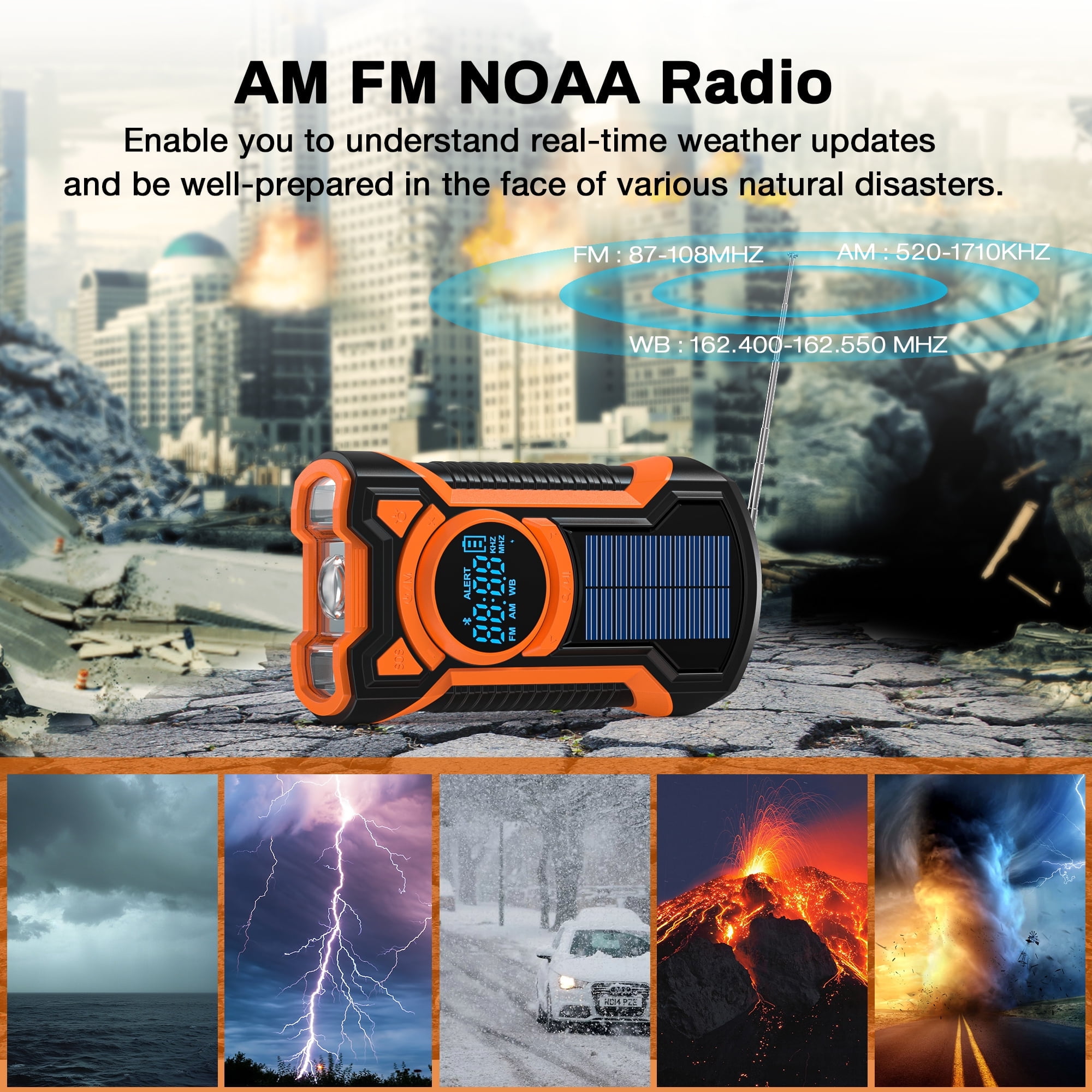 TOPVISION Emergency Radio, Bluetooth Weather Radio with NOAA/AM/FM, Solar/USB-C/Hand Crank Charging, SOS Alarm, Waterproof Flashlight, Headphone Jack, Portable Radio for Home, Camping & Outdoor