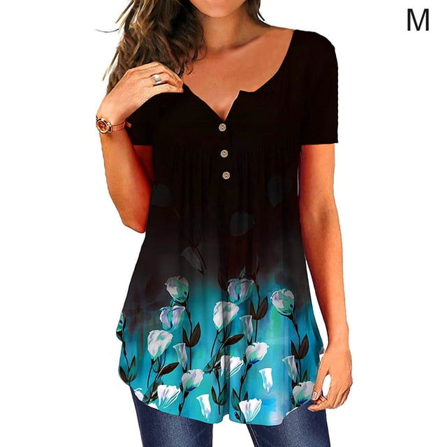 Camiseta de mujer Blusa informal Cuello en V Manga corta Botón Top, Negro Azul, M seitruly AP001374-17