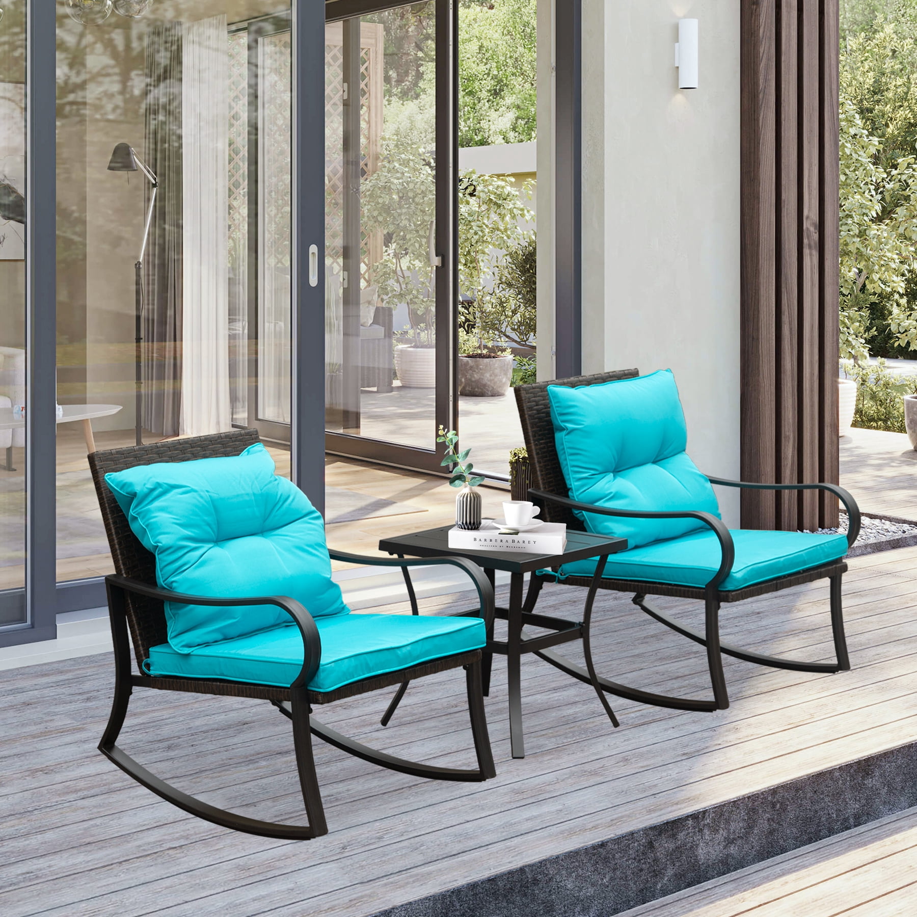 Leumius 3-Piece Outdoor Rocking Chair Set,Wicker Rocking Bistro Patio Set with Cushions & Table for Backyard, Porch, Balcony, Poolside,Blue