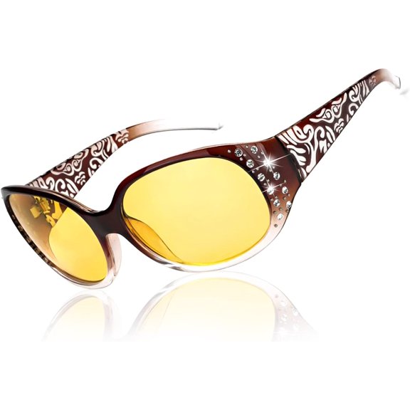 LVIOE Night-Vision Driving Glasses Wrap Around Anti Glare with Polarized Yellow Lens for Women