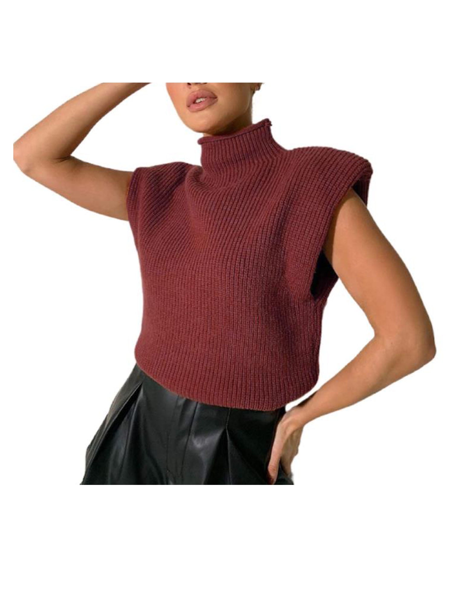FOCUSNORM Women's Shoulder Pad Sweater Top Sleeveless Turtleneck Wide
