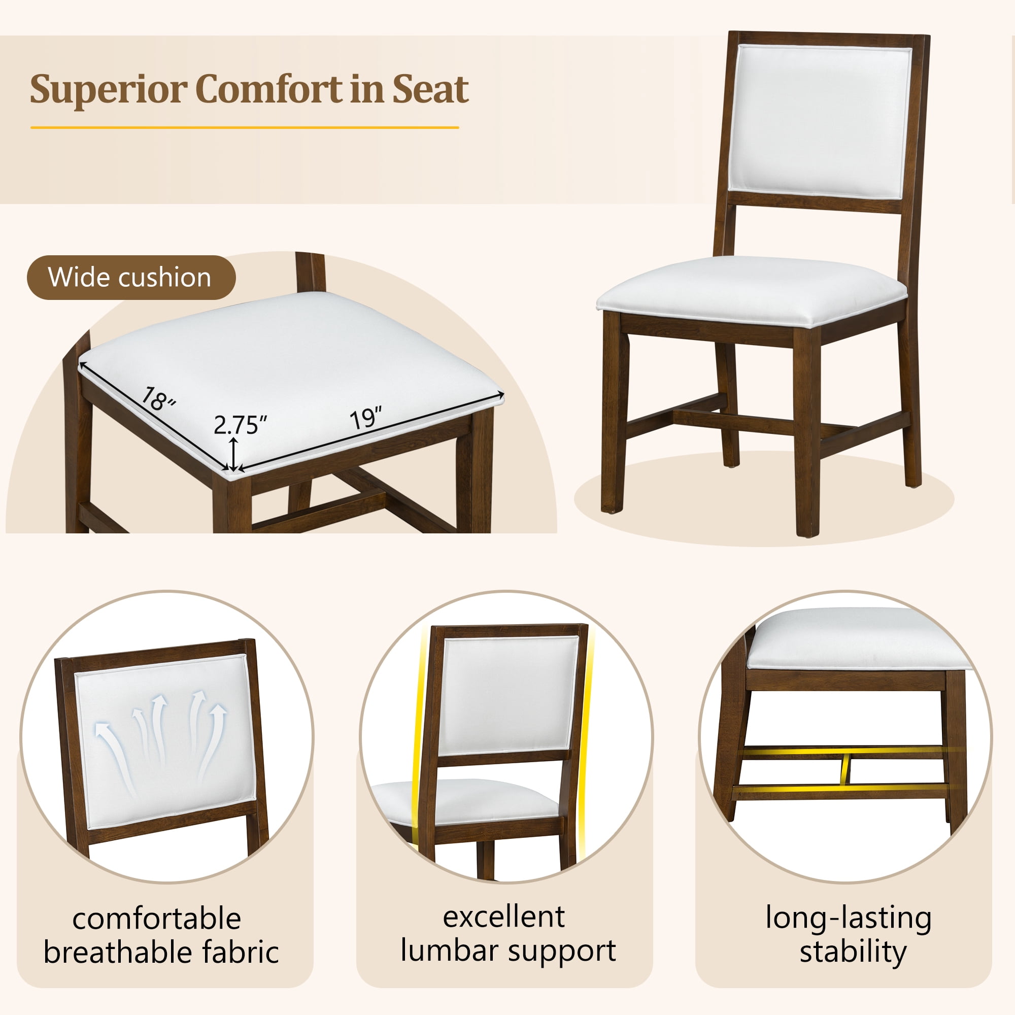 Euroco 5-Piece Round Dining Table Set for 4, 58" Extendable Kitchen Table with 4 Upholstered Chairs,Solid Wood Dining Set for Small Space,Brown