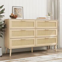 Oufan Rattan Dresser for Bedroom, Modern 6 Drawer Dresser with Wood Handles, Wood Storage of Drawers fo Bedroom,Living Room,Hallway, Natural