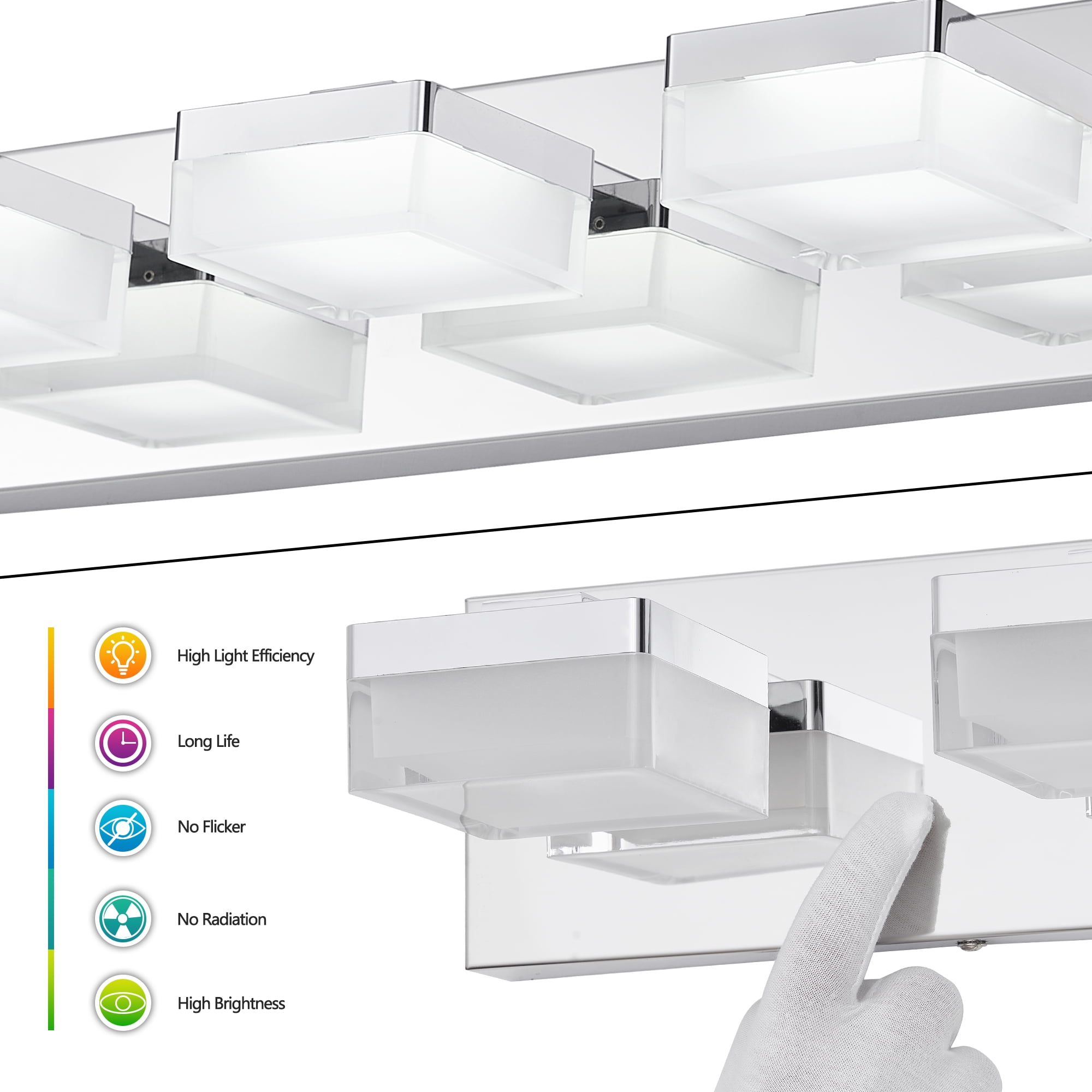 3-Light LED Vanity Light, 18.1 Inch Dimmable Bathroom Light Fixtures Over Mirro 6000K, Polished Chrome Modern