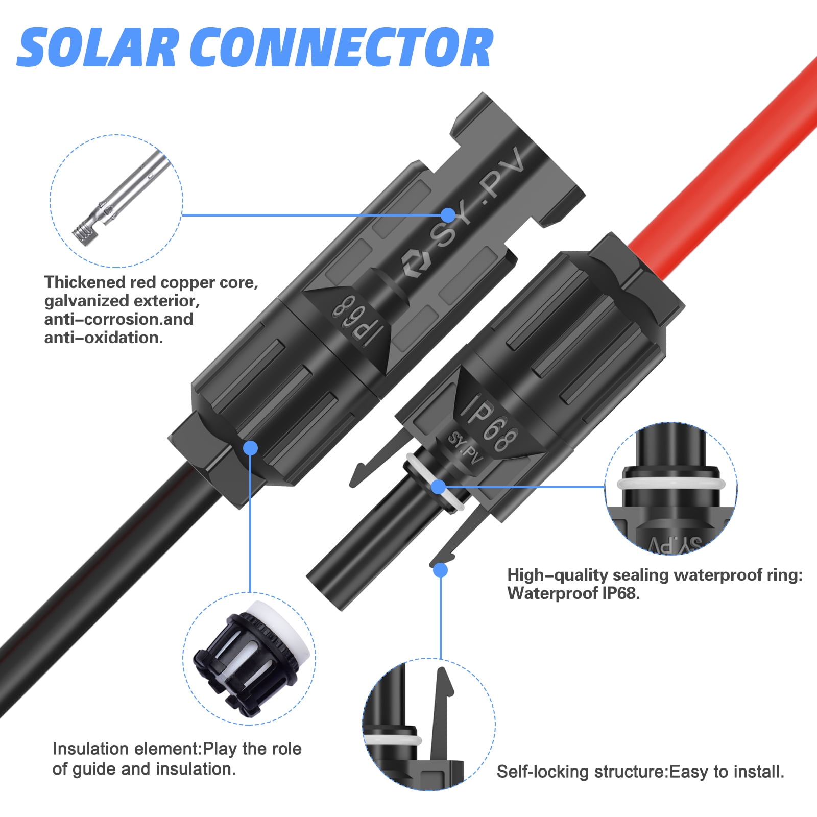 10AWG 20 Feet Red + 20 Feet Black Solar Panel Extension Cable, IP68 Waterproof Connector Solar Extension Cable