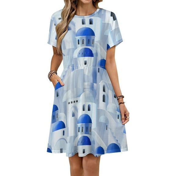 Santorini, Greece Sundress Short Sleeve Dress Summer Women Clothes Dress for Women Dresses