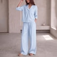 thumbnail image 4 of Costeam Womens Textured Woven Two Piece Outfit Lapel Collar 3 Quarter Sleeve Pocket Top And Elastic Waist Wide Leg Pants Loose Fit Solid Color Casual Co Ord Set, 4 of 7