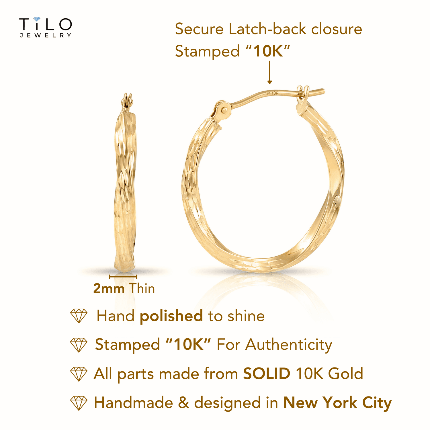 Tilo Jewelry 10K Yellow Gold Twisted Round Hoop Earrings with Diamond-Cut Engraving | 30mm | Everyday Earrings for Women & Unisex