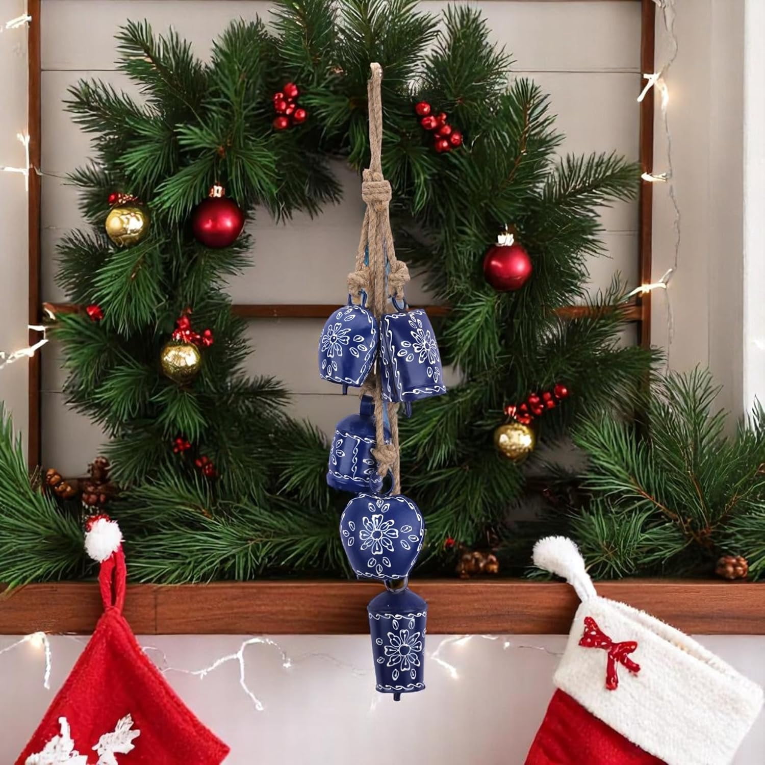 Vivanta Christmas Bell Wind Chime 25” – 5 Pcs Metal Jingle Bells on Jute Rope, Holiday Décor, Vintage Sleigh Bells Wind Chime for Door, Fireplace Mantel, Tree & Home Decoration (Blue)