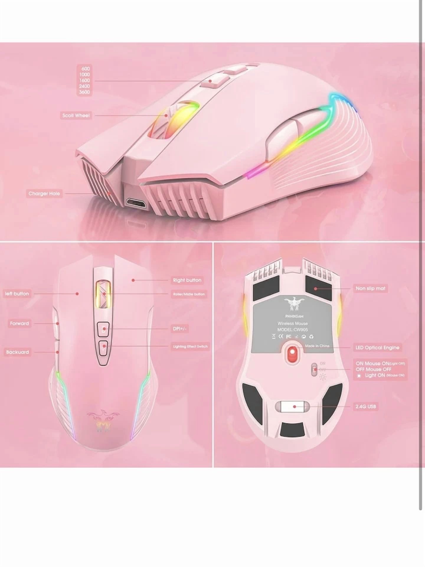 CIRCLE- SIMGAL RGB Wireless Gaming Mouse Pink Rechargeable Ergonomic Design Adjustabl...