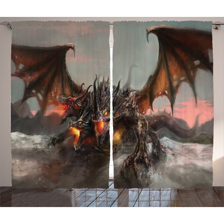 - Fantasy World Decor Curtains 2 Panels Set, Illustration of Three Headed Fire Breathing Dragon Large Monster Theme, Window Drapes for Living Room Bedroom, 108W X 90L Inches, Brown Grey, by Ambesonne