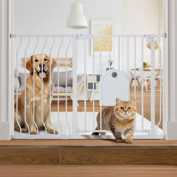 Pet Gate, DOMIPET 29.5-48.4" Wide Pet Gate with Cat Door, Pressure Mount, Safety Gate Gift,White