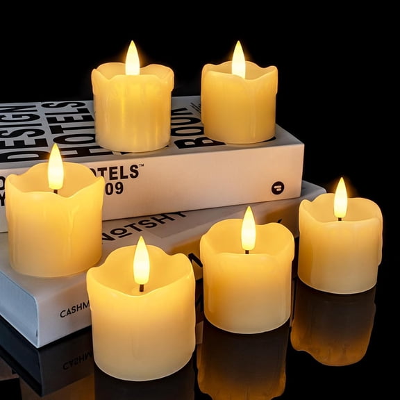 Homemory 6Pcs Flameless Votive Candles with Timer, 2" x 2" Real Wax, 400 Hour Realistic Black Wick Battery Operated Candles for Wedding, Party and Holiday Decoration (Battery Included)
