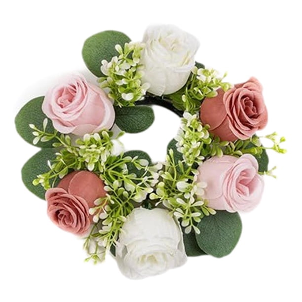 Anillo de vela floral artificial, corona de vela, corona de rosas pequeñas, anillo de vela de flor sintética, portavelas para cena fiesta en casa Rosa oscuro y claro.