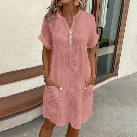 Wovilon Women's Henley Neck Short Sleeve Midi Dress with Pockets, Crinkled Cotton Linen Blend Relaxed Fit Summer Vacation Beach Cover Up