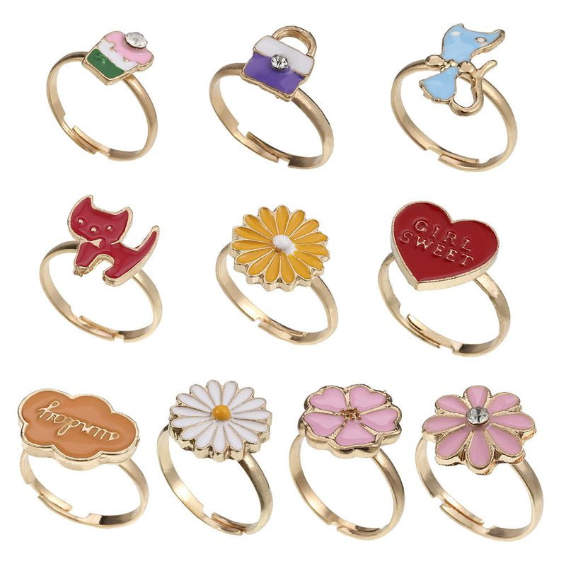 SJENERT 10Pcs Children Ring, Children Little Girl Adjustable Ring Box, Random Shape and Color, Cute Cartoon Girls Pretend to Play and Dress Up Rings