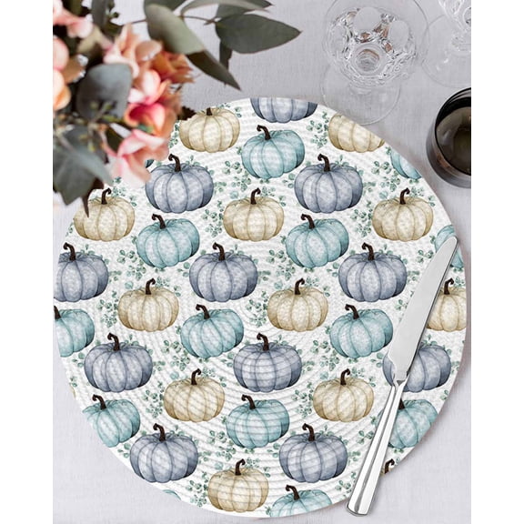 15 Inch Round Placemats Set of 6, Teal Blue Pumpkin Non Slip Heat Insulation PP Table Mats, Thanksgiving Green Eucalyptus Autumn Washable Place Mats for Kitchen Dining Party Table Decor