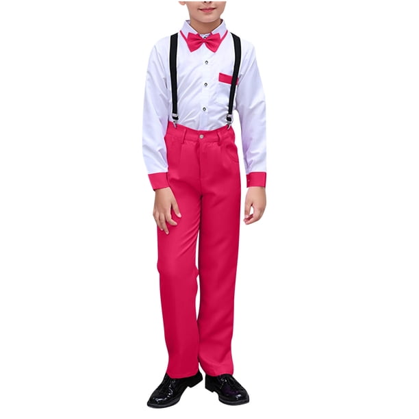 Odeerbi Niños 3 Pcs Caballero Traje Formal Vestido Camisa + Pantalones de Traje de Suspensión + Corbata de Arco Escenario Rendimiento Trajes Conjunto