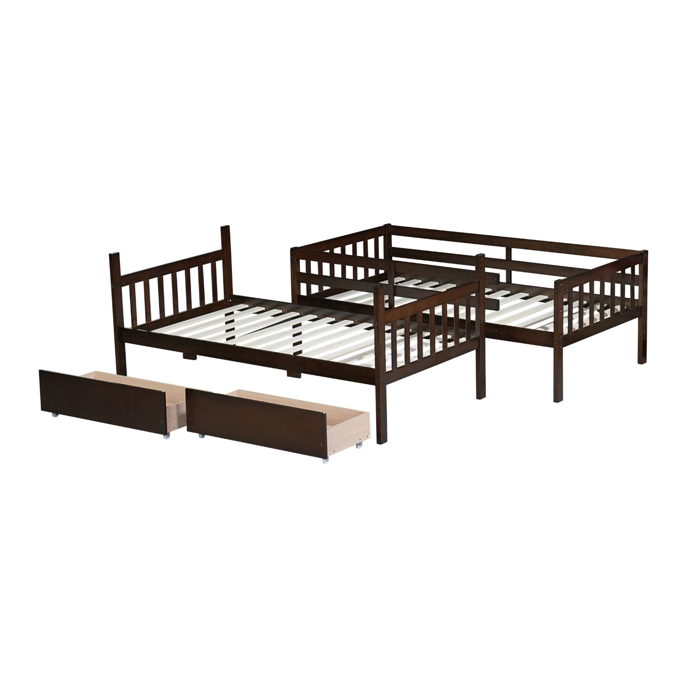 Noble House Twin Over Twin Rubber Wood Bunk Bed, Convertible Design with Ladder, Guardrails and Storage Drawers, Espresso
