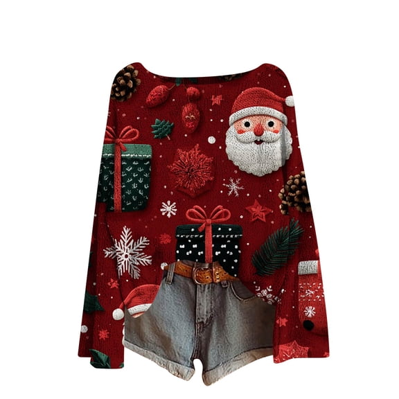 WTOBBY Women's Lightweight Christmas Print Sweater Top, Casual Long Sleeve Knit Pullover, Holiday Themed Fall and Winter Fashion Wear,Dark Green L