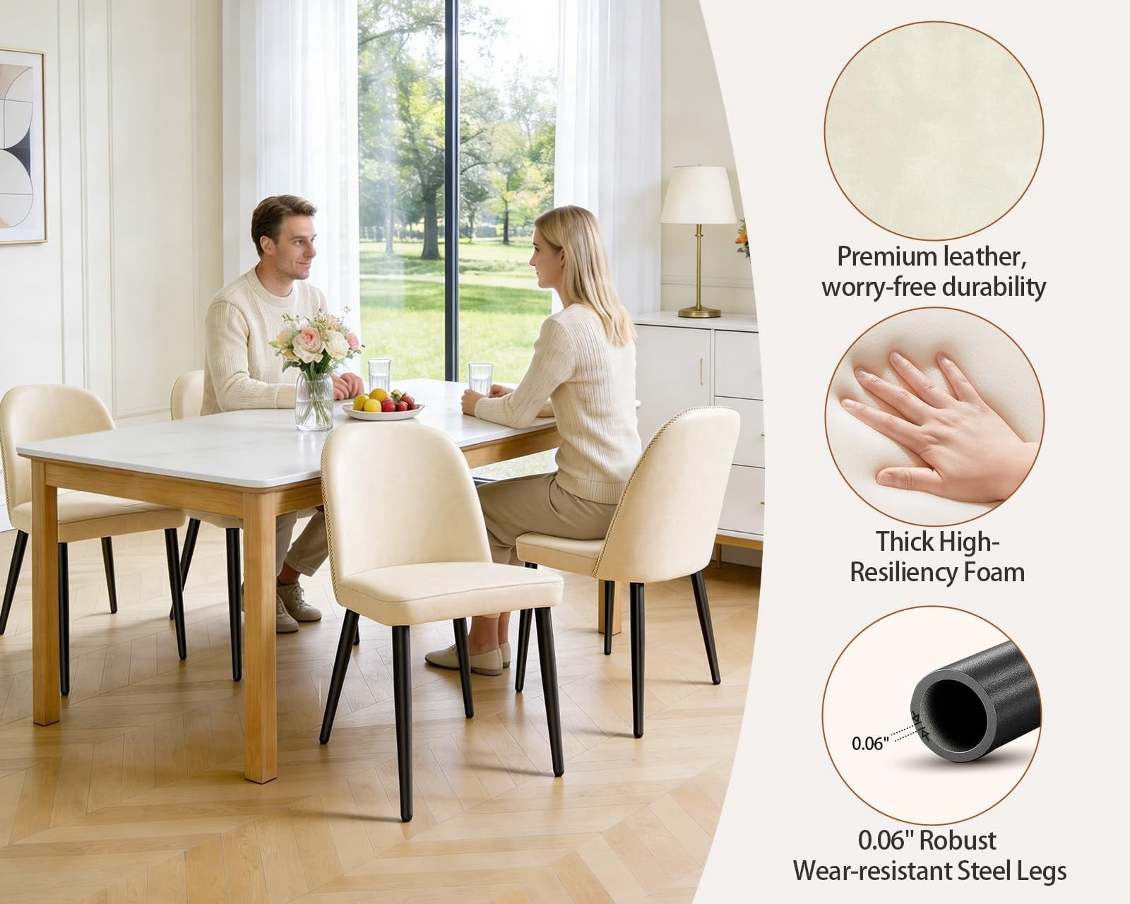 Beige Leather Dining Chairs Set of 2, Modern Upholstered Armless Kitchen Chairs with Metal Legs, Ergonomic Side Chairs for Dining Room, Restaurant, Living Room & Meeting Room