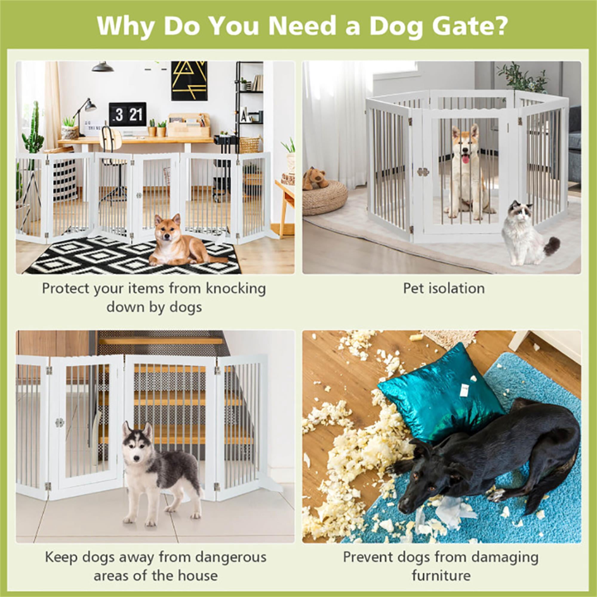 Pefilos 144" Folding Pet Gate with 4pcs Support, Wood 6-Panel Dog Gate for Stairs, Freestanding Pet Playpen Puppy Safety Fence, White