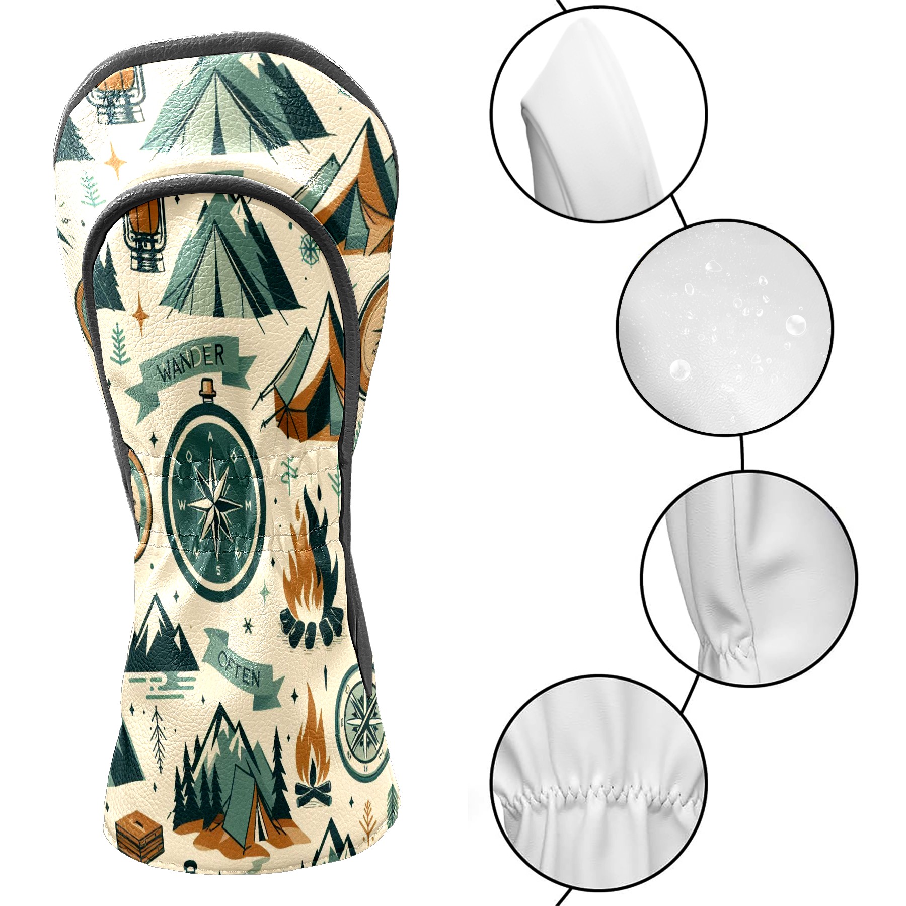 Golf Club Covers, Beige Camping Icons Premium PU Leather Driver Hybrid Putter Head Covers with Velvet Lining, Waterproof Golf Gifts for Men Women