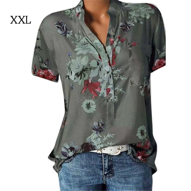 Qarigey Camisa de manga corta con cuello en V y botones estampados para mujer Prendas para la parte del cuerpo Gris XXL