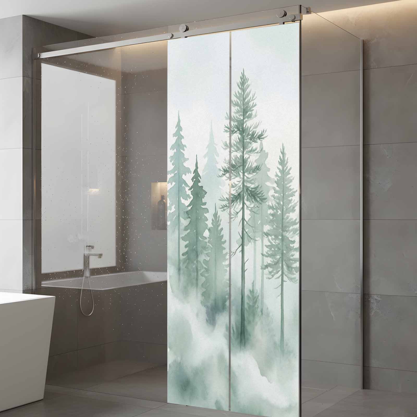 Green Forest Window Privacy Film, Watercolor Misty Green Tall Trees Frosted Glass Window Clings Static Cling UV Heat Blocking Reusable Door Sticker for Bathroom 23.6 x 59 Inch