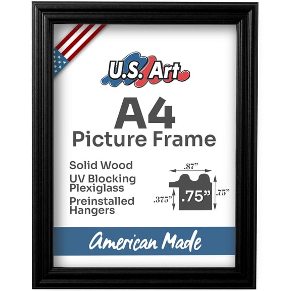 US Art Frames Black A4 Picture Frame .75" Wide - Preinstalled Hangers and UV Blocking Plexiglass, 100% USA Made