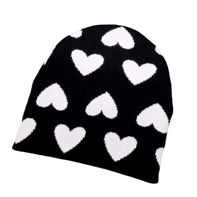 Black Black Love Pattern Knitted Beanie Outdoor Warm Winter Hat For Women Free Size Head Circumference 22.8 Inch Soft Material