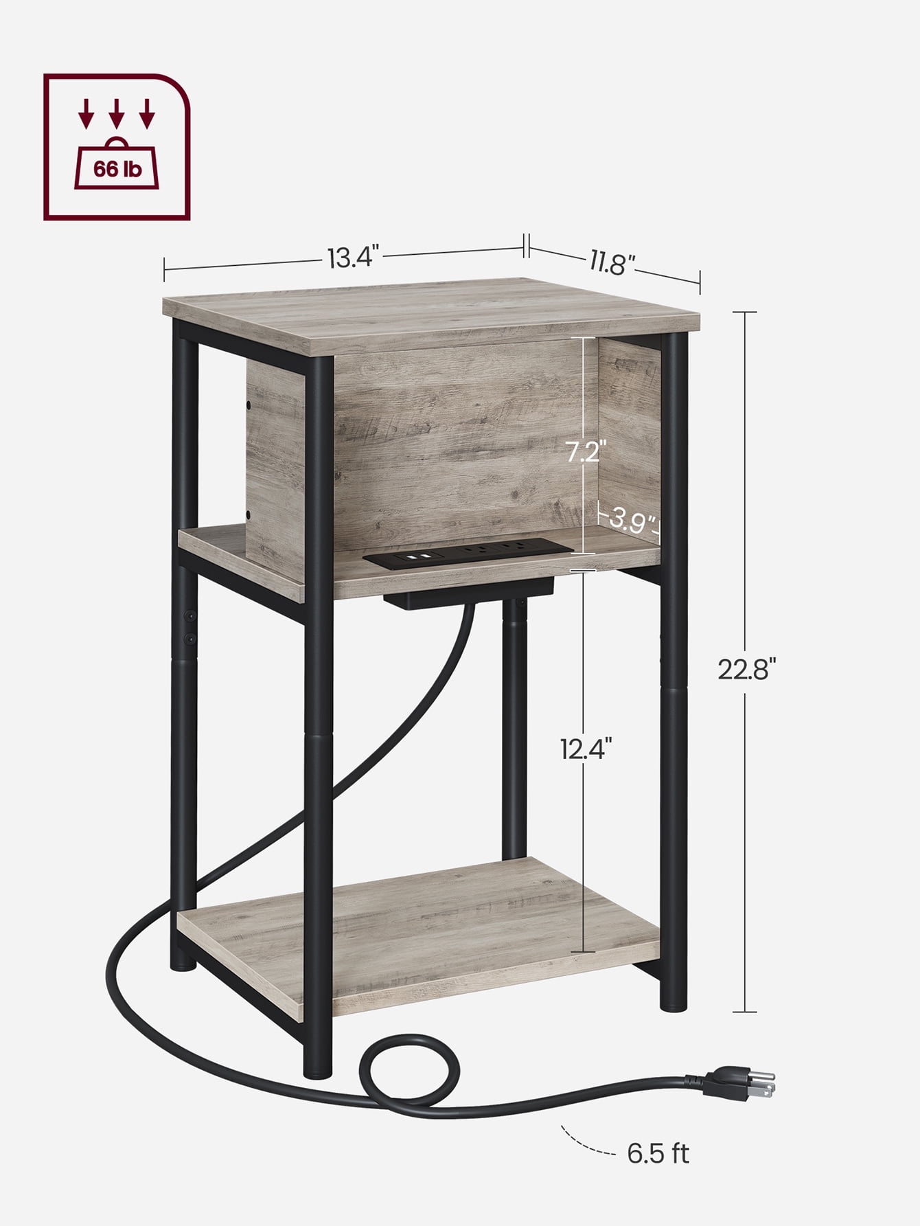 End Side Table with Charging Station 3-Tier End Table with USB Ports and Outlets Nightstand for Living Room Bedroom Greige and Black
