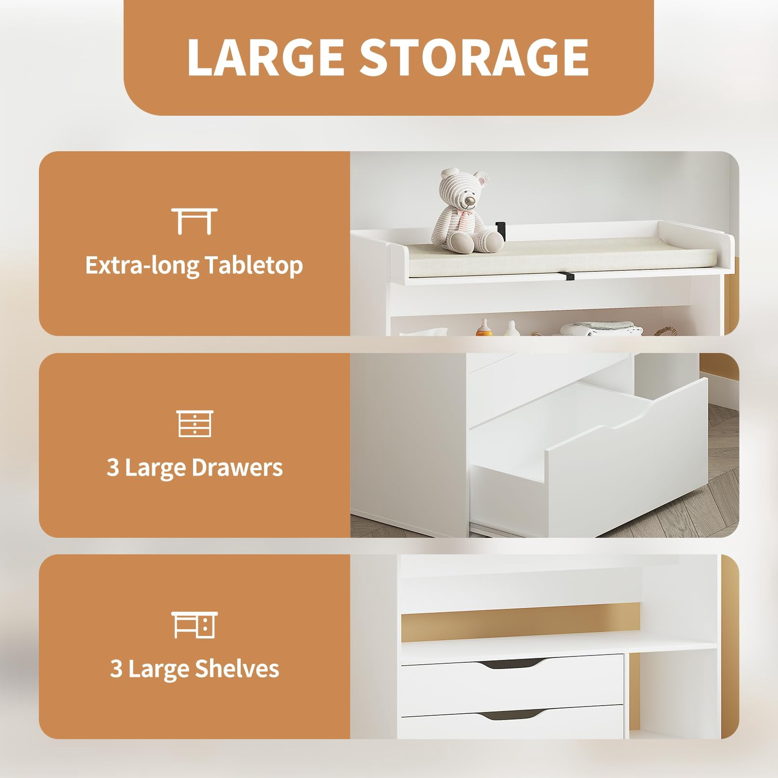 Cuoote 3 Drawer Diaper Changing Table Dresser, White