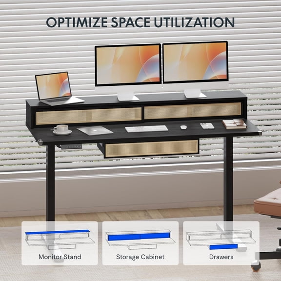 One-Piece Standing Desk with Rattan Drawers, 55 x 24 Inch Adjustable Height, Electric Stand Up Table with Monitor Shelf, Home Office Ergonomic Computer Desk with Memory Presets, Black