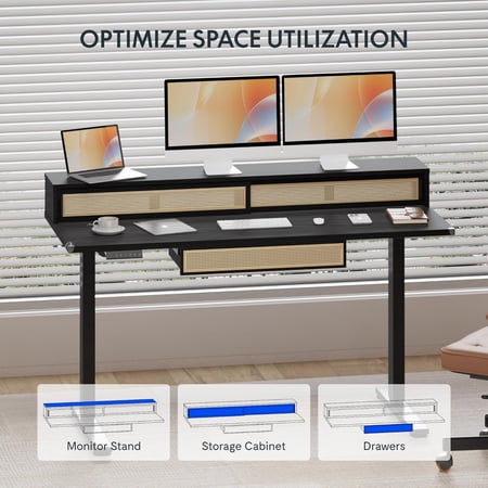 One-Piece Standing Desk with Rattan Drawers, 55 x 24 Inch Adjustable Height, Electric Stand Up Table with Monitor Shelf, Home Office Ergonomic Computer Desk with Memory Presets, Black