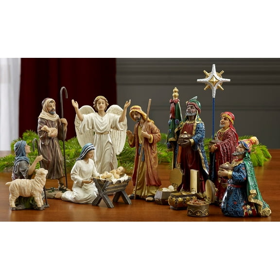 Three Kings Nativity Figurines with Real Gold, Frankincense and Myrrh, Set of 11, 7 inch Scale