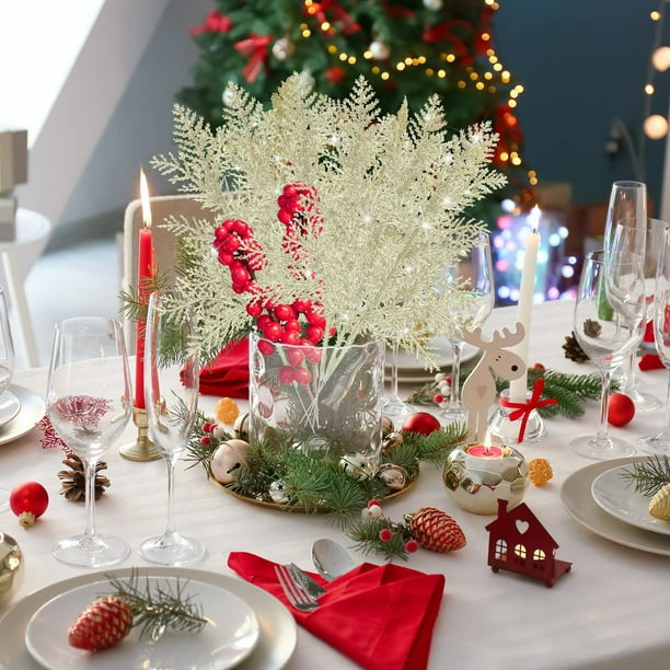 Adornos navideños, 20 ramas navideñas con purpurina, púas artificiales, ramitas florales para adornos de árbol de Navidad, guirnalda navideña de bricolaje, ramas de pino.
