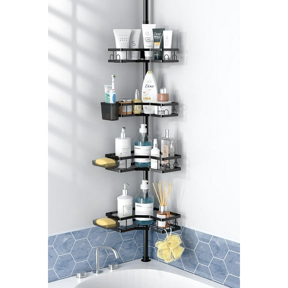 Aitatty Shower Caddy with Tension Pole: 4 Tier Adjustable L-shaped Corner Shower Organizer for Bath Essentials, 43.5 to 120 Inch, Black