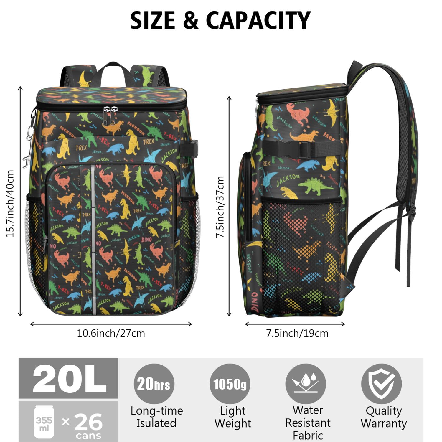 Travel Cooler Bag - Black Dinosaurs Jackson Text Pattern Camping Beer Cooler Backpack with Bottle Opener- Waterproof Insulated Picnic Backpacks - Cooler Bag for Beach