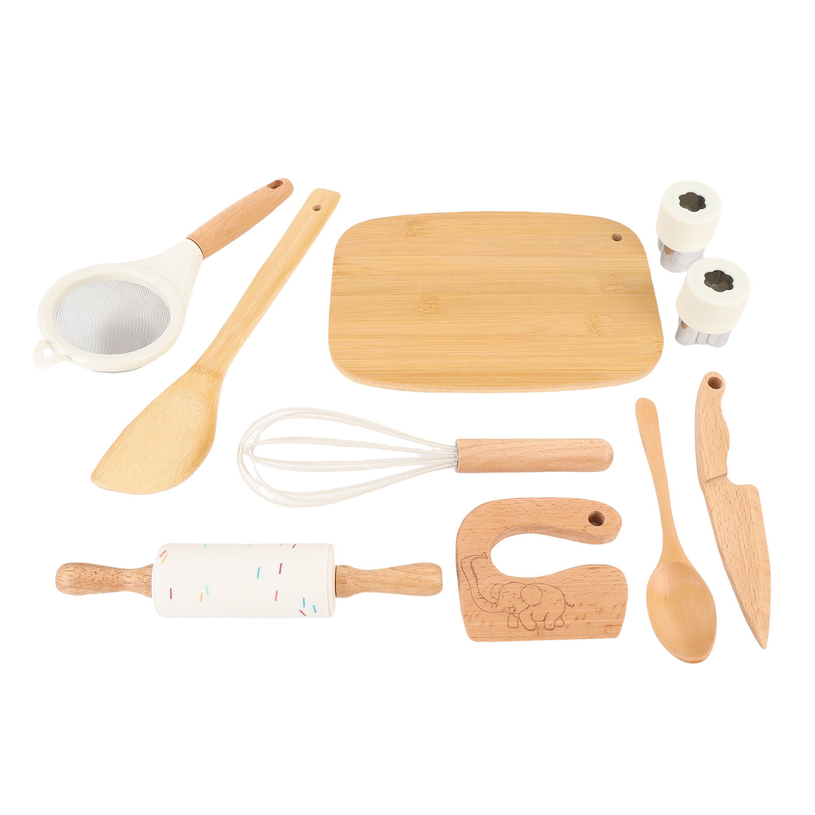 Playset 10PCS Wooden Play Kitchen Accessories Toys with Chopping Board Spoon Shovel Pretend Cookware Cooking Utensils Play Set