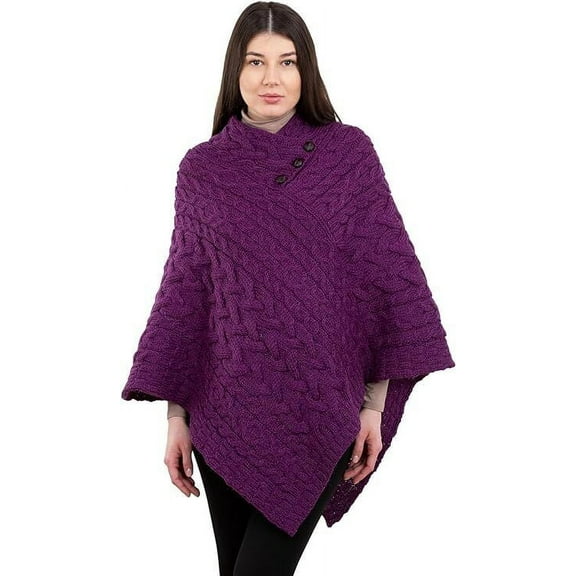 ARAN ISLE Ladies Poncho 100% Virgin Wool Aran Cable Knit Shawl Neck with Buttons Sweater