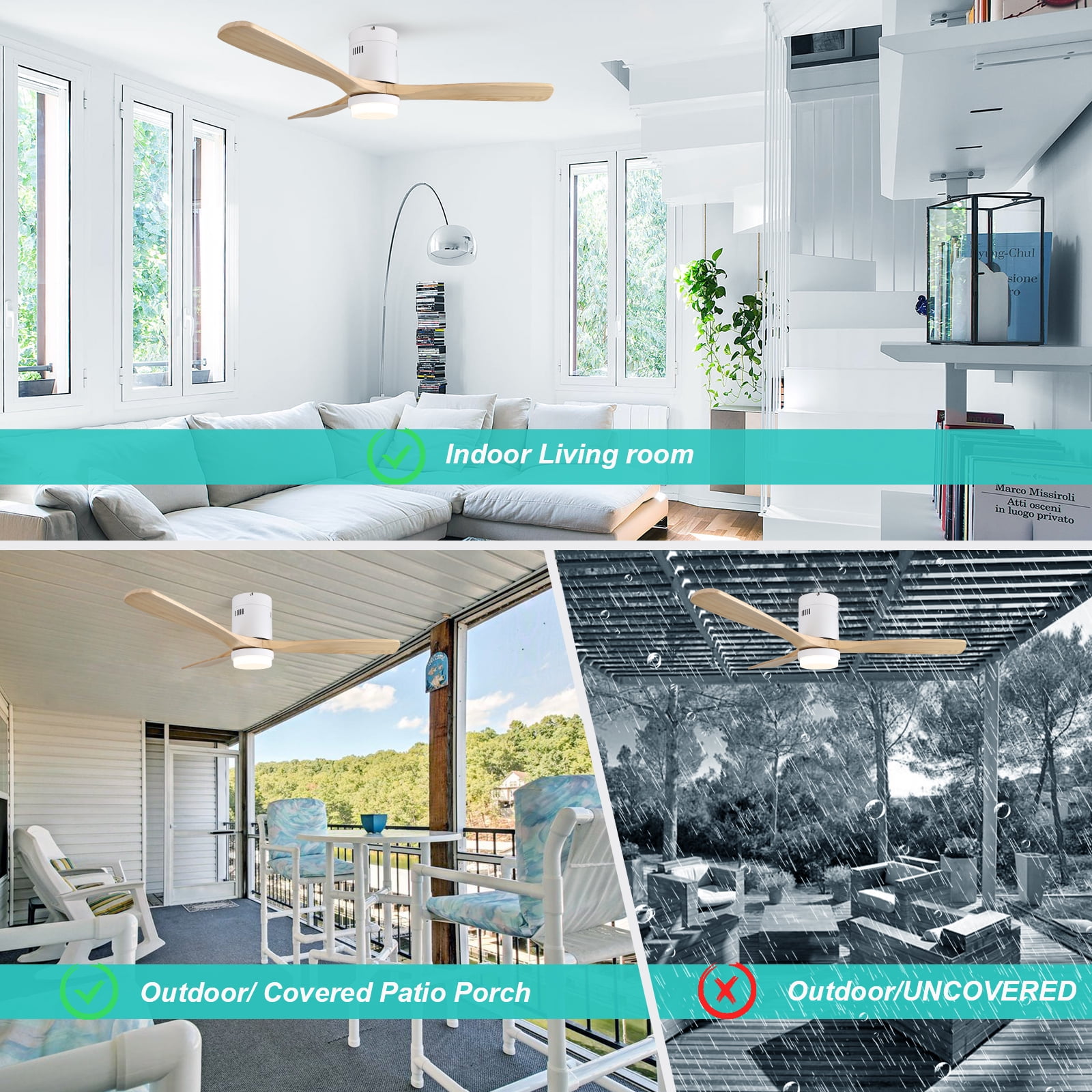 Sofucor 52" Flush Mount Cool Ceiling Fans with Dimmable Light and Remote Control, 3 Light Brown Blades