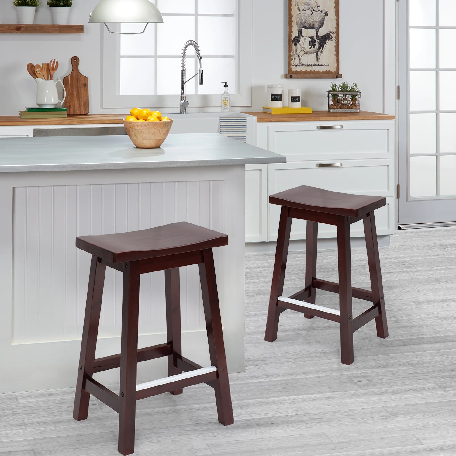PayLessHere Bar Stools Set of 2 for Kitchen Counter Solid Wooden Saddle Stools 24-Inch Height Home Furniture Barstool, Brown