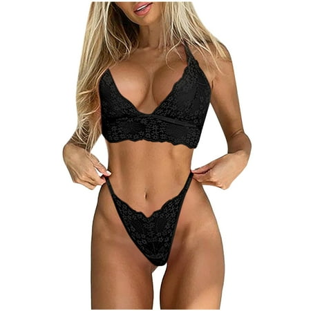 YHGFVOKJ Lingerie for Women Lace Sexy Gathered Thin Embroidered Wireless Bra Set Lingerie Underwear Pajamas Lingerie Sets Sexy Plus Size Lingerie Black XXL
