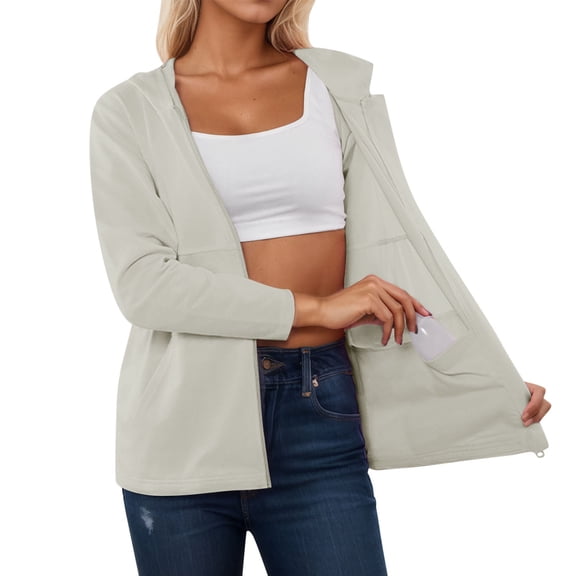 Tiweut Women's Leisure Jackets Long Sleeve Hooded Zipper Loungewear Versatile Basic Outerwear Solid Color All Seasons Regular Blouses Beige,L